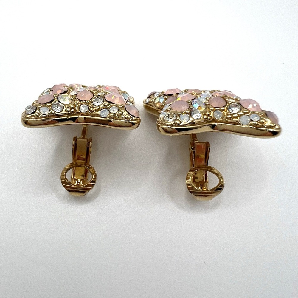 Swarovski Swan Gold Tone Pave Pink AB Rhinestones Clip On Earrings Xs Kisses Vtg - Picture 5 of 6